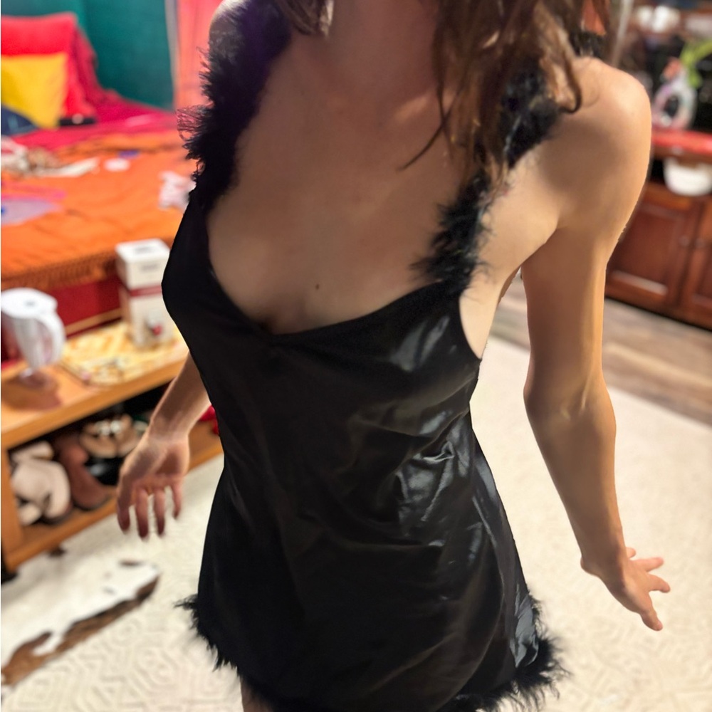 Dolls Kill Black Mini Dress with Feather Trim